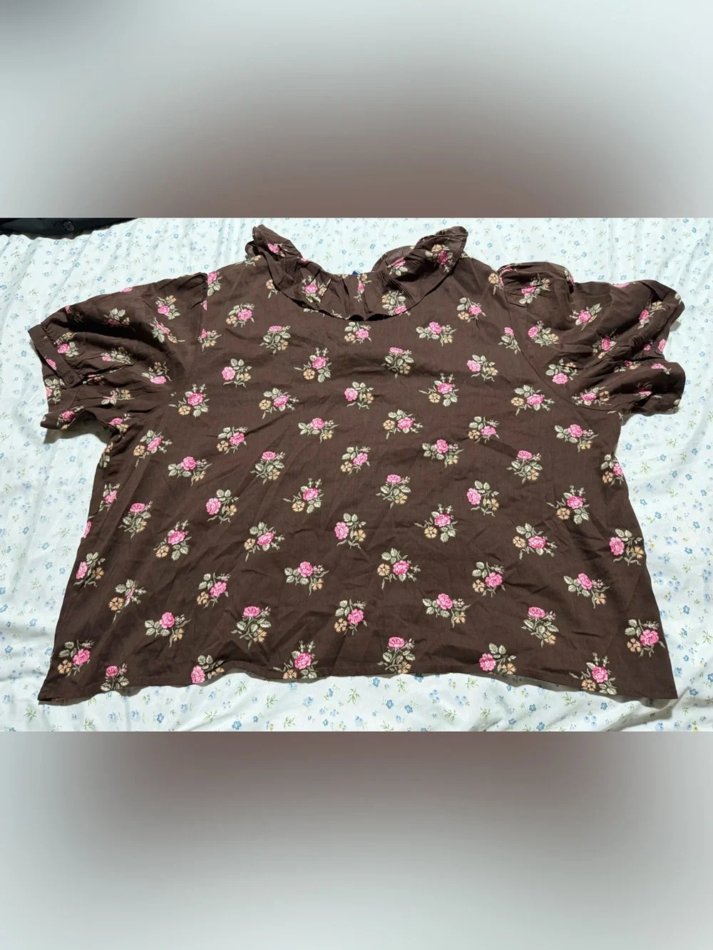 Old Navy Brown Floral Ruffle-Smock Blouse with Pink Rose Print